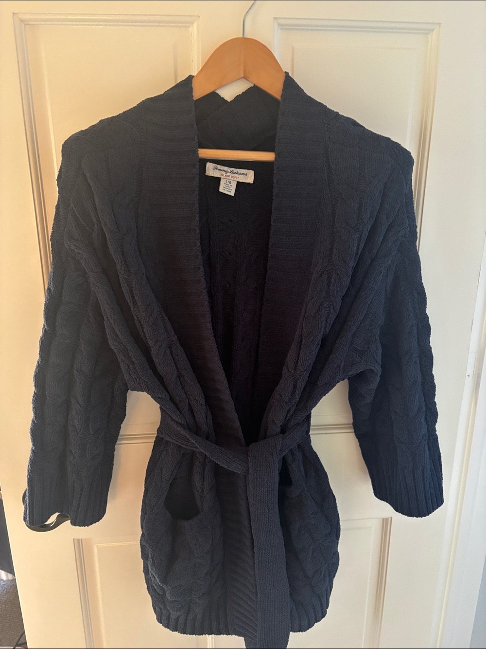 Tommy Bahama Navy Cable-Knit Belted Cardigan
